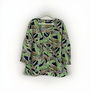 Talbots Top Silk Satin Cotton Sz 16 Peasant Floral Green Blue 3/4 Sleeve V Neck